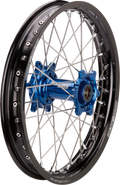 A black alloy motorcycle wheel rim with silver spokes radiating from a metallic blue hub, featuring printed text “1.85X21” and “HUB BY HINSON RACING” on the rim. The background is white with no other visible objects.