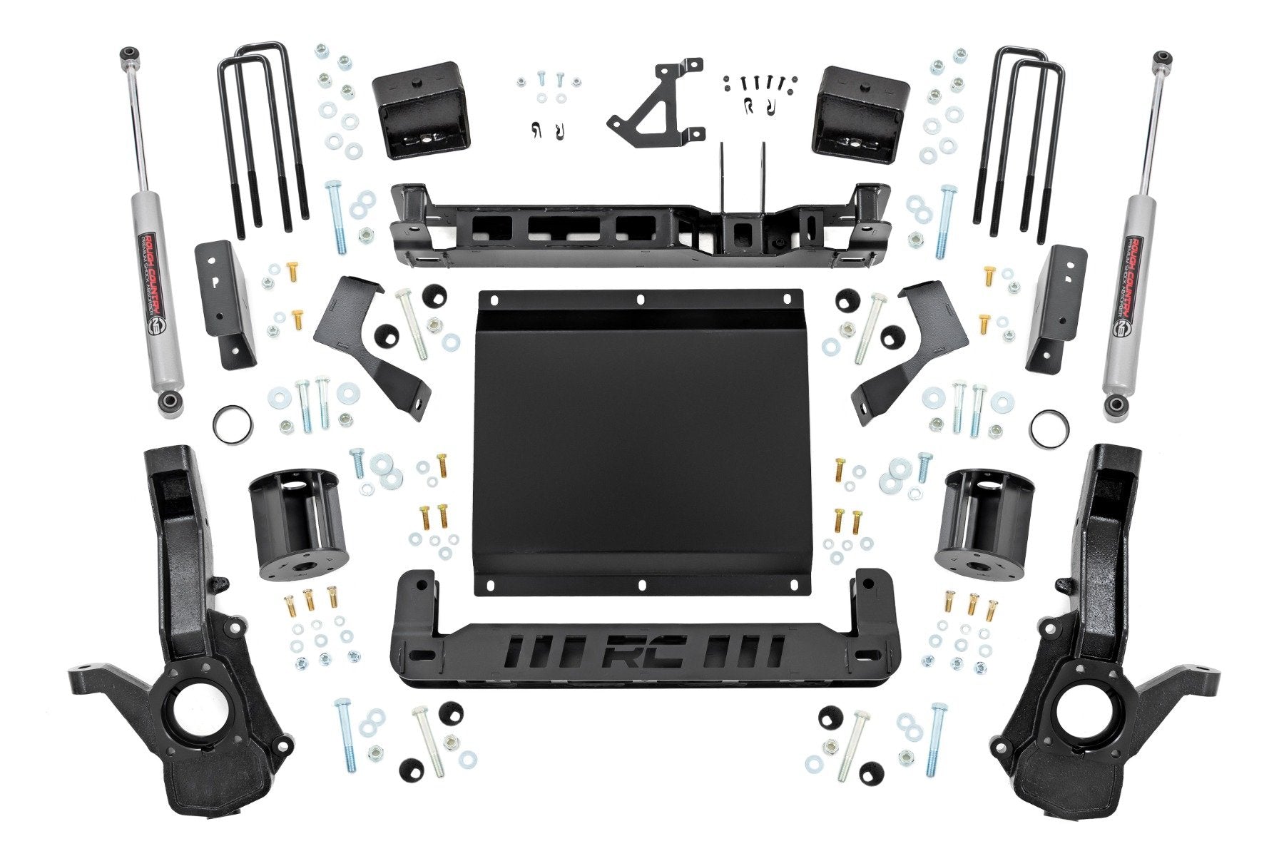 6 Inch Lift Kit for Chevy/GMC Canyon/Colorado 4WD (2023-2024) with N3 Shocks—includes shock absorbers, brackets, bolts, washers, U-bolts, mounting plates, spacers, knuckles, and hardware—neatly arranged on a white background.