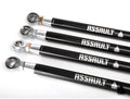Four black Assault Industries HD Barrel Radius Rods for Honda Talon, with silver threaded ends, spherical bearings, bold white ASSAULT branding, and a geometric logo, are arranged diagonally on a white surface.