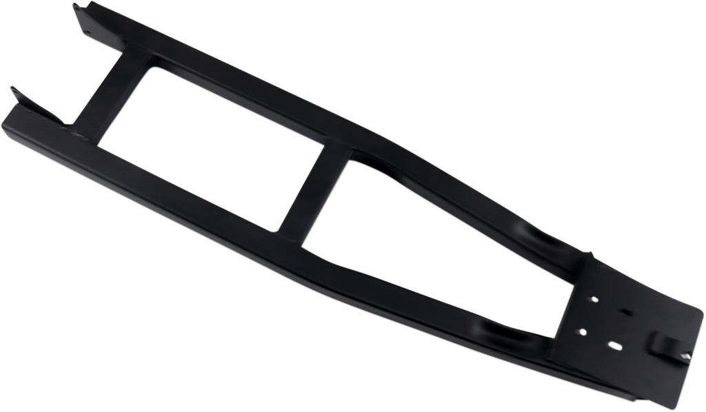 A black, rectangular metal frame with a flat base, several mounting holes on one end, and angled sides. The frame has a hollow center and two crossbars, suggesting it could be a support bracket or structural component for machinery.