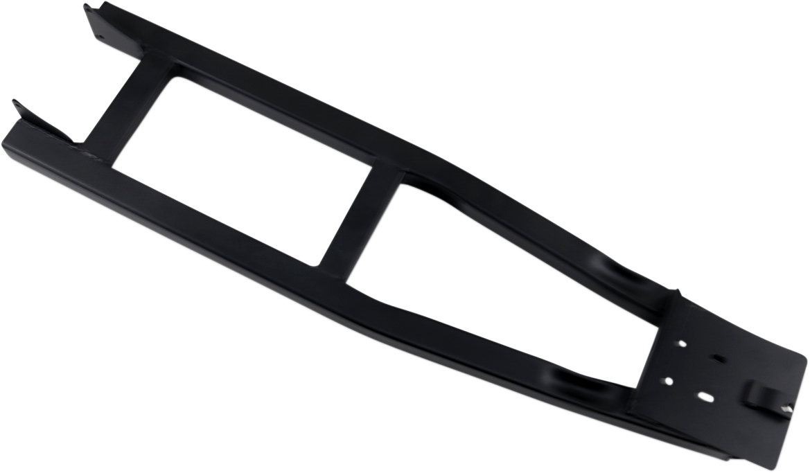 A black, rectangular metal frame with a flat base, several mounting holes on one end, and angled sides. The frame has a hollow center and two crossbars, suggesting it could be a support bracket or structural component for machinery.