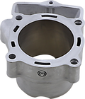 A silver-colored metal cylinder block with a large central opening, four bolt holes, and vent slots along the rim. The surface is smooth, with a visible manufacturer logo engraved near the base. The object appears machined and unpainted.