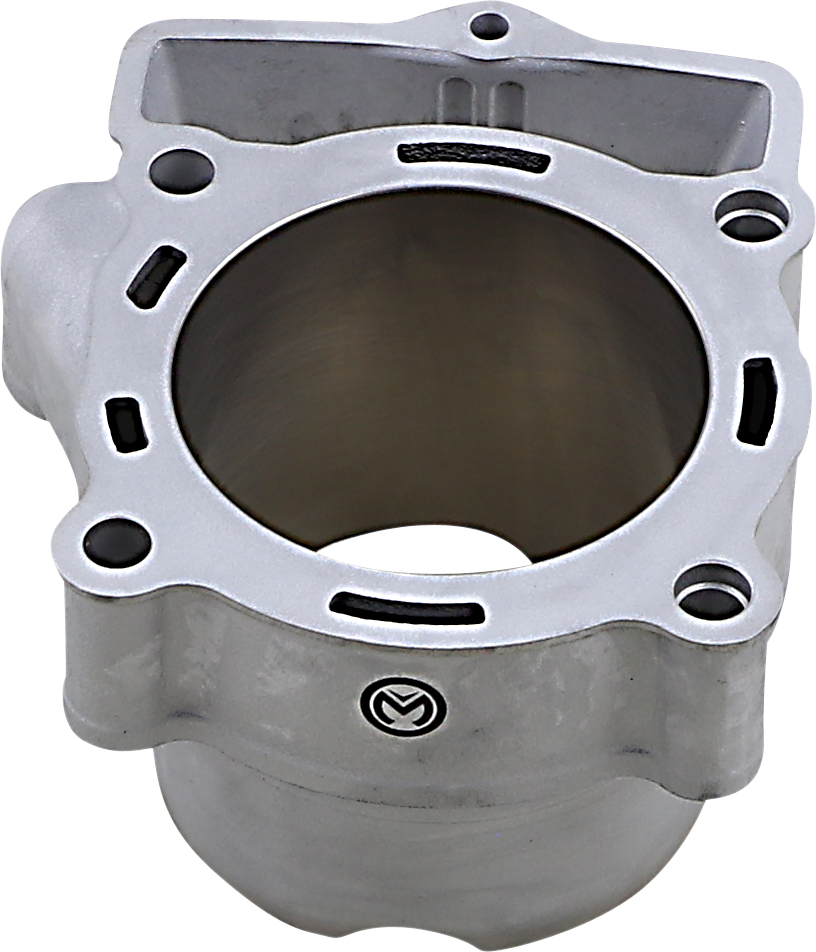 A silver-colored metal cylinder block with a large central opening, four bolt holes, and vent slots along the rim. The surface is smooth, with a visible manufacturer logo engraved near the base. The object appears machined and unpainted.