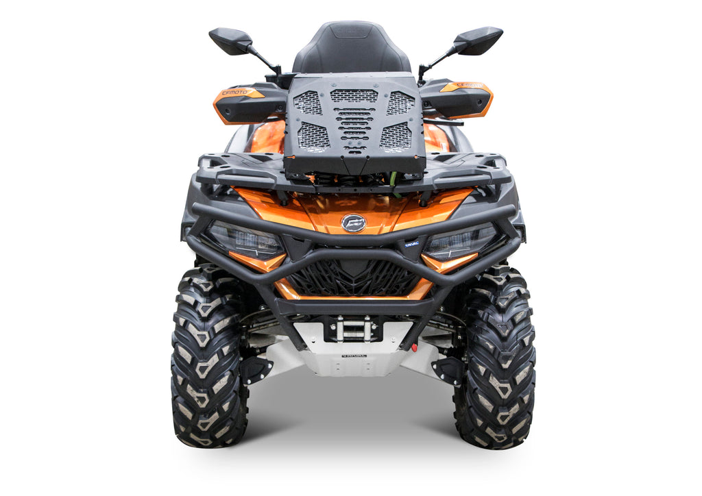 Front view of the Cf Moto C Force 500 HO/600 Single And Touring Radiator Relocation Kit installed on an orange ATV, featuring large rugged tires, black guards, angular headlights, mirrors, and a sturdy front rack on a white background.