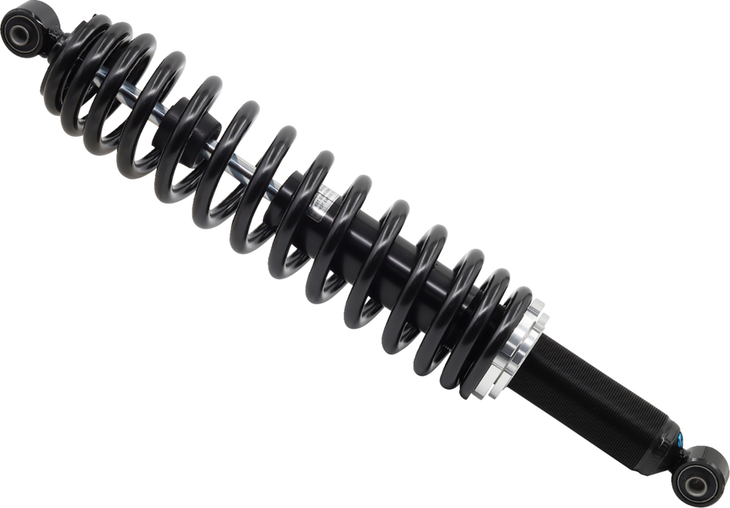 A black metal coilover shock absorber with a large, tightly wound spring surrounding a central cylinder, angled diagonally on a white background. Both ends have circular mounting points for attachment.