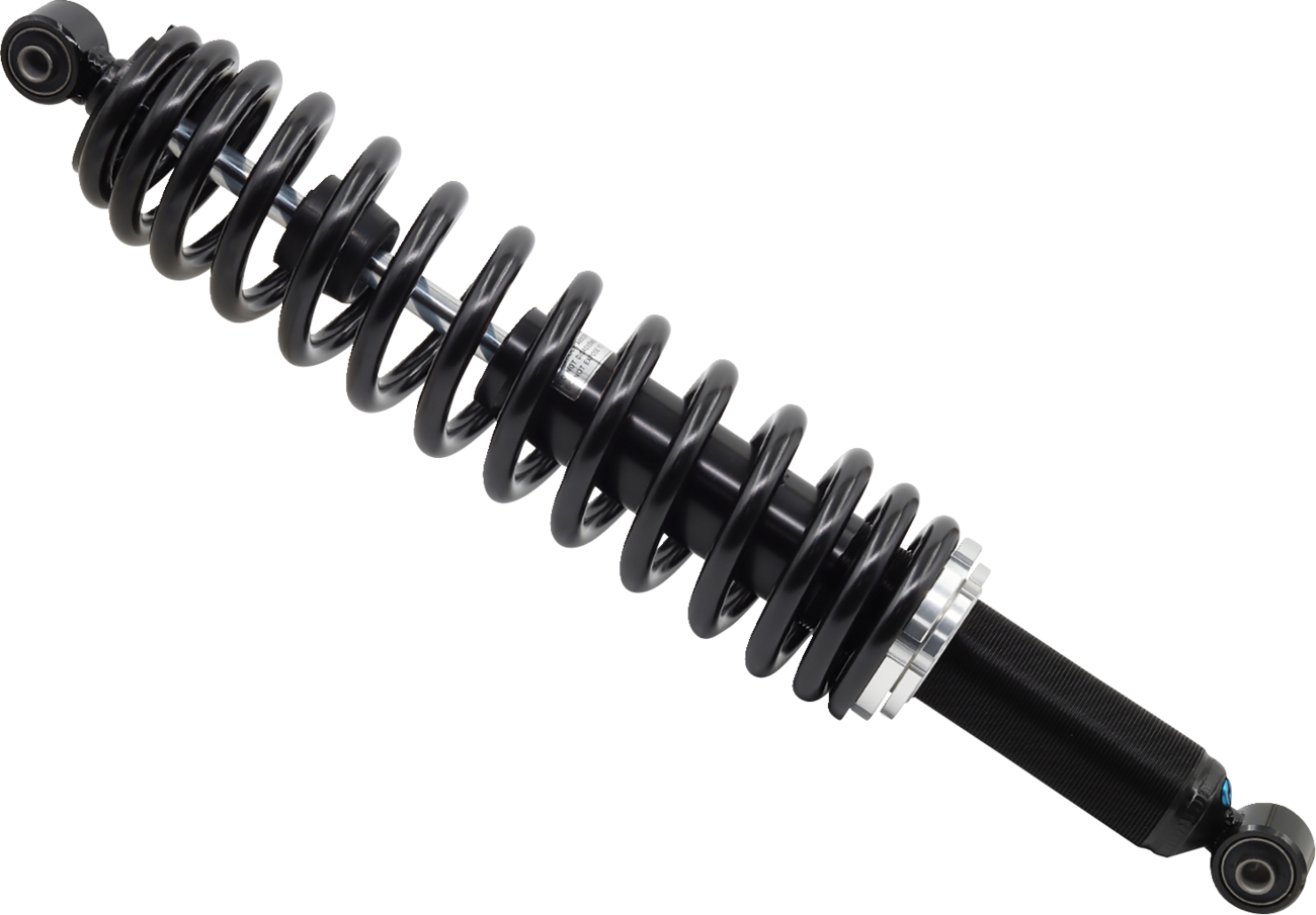 A black metal coilover shock absorber with a large, tightly wound spring surrounding a central cylinder, angled diagonally on a white background. Both ends have circular mounting points for attachment.