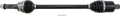 A black automotive driveshaft with rubber boots at both ends and splined metal tips, shown horizontally against a white background. A small silver pin or bolt lies below the shaft.