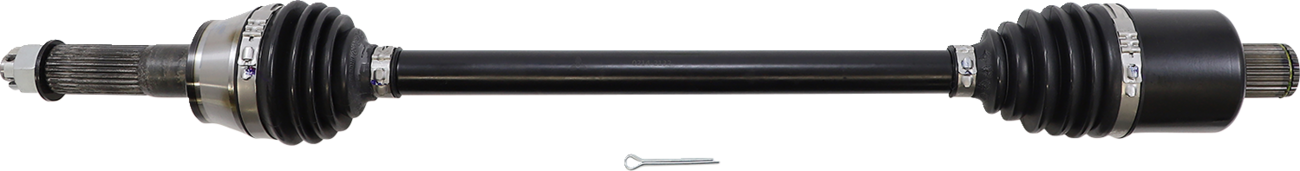 A black automotive driveshaft with rubber boots at both ends and splined metal tips, shown horizontally against a white background. A small silver pin or bolt lies below the shaft.