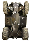 Underside view of a Polaris Sportsman 570 (2021+) showing four muddy tires and a full set plastic skid plate with multiple bolts, protecting the chassis and mechanical parts. Photo taken directly beneath the vehicle.