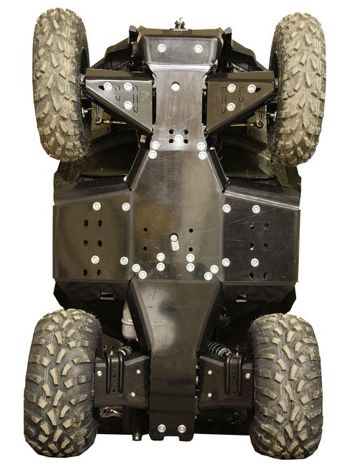 Underside view of a Polaris Sportsman 570 (2021+) showing four muddy tires and a full set plastic skid plate with multiple bolts, protecting the chassis and mechanical parts. Photo taken directly beneath the vehicle.