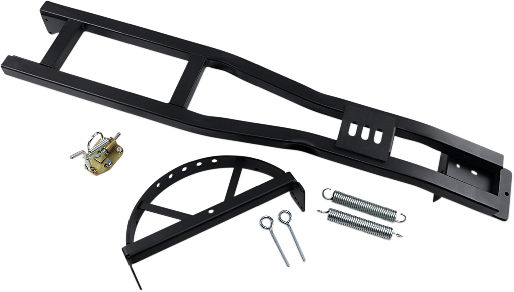 A black metal ramp frame, a curved support bracket, two long metal springs, two eye bolts, and a small gold-toned latch with a pin are laid out on a white background. The components appear to be parts for assembling a mechanical or automotive product.