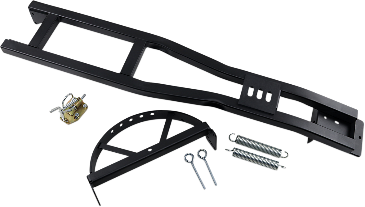 A black metal ramp frame, a curved support bracket, two long metal springs, two eye bolts, and a small gold-toned latch with a pin are laid out on a white background. The components appear to be parts for assembling a mechanical or automotive product.