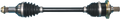 A metal car axle shaft with black rubber boots covering the joints on both ends; the shaft is cylindrical and straight, with toothed ends and metallic rings near each boot. The background is plain and light gray.