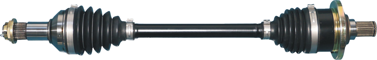 A metal car axle shaft with black rubber boots covering the joints on both ends; the shaft is cylindrical and straight, with toothed ends and metallic rings near each boot. The background is plain and light gray.