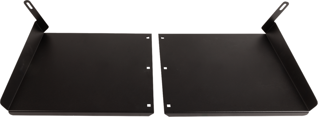 Two black metal brackets sit side by side on a white background. Each bracket has one side bent upwards with a hole for mounting, and a vertical lip on the outer edge. Both pieces have small square holes along their inner edges.