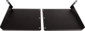 Two black metal brackets sit side by side on a white background. Each bracket has one side bent upwards with a hole for mounting, and a vertical lip on the outer edge. Both pieces have small square holes along their inner edges.