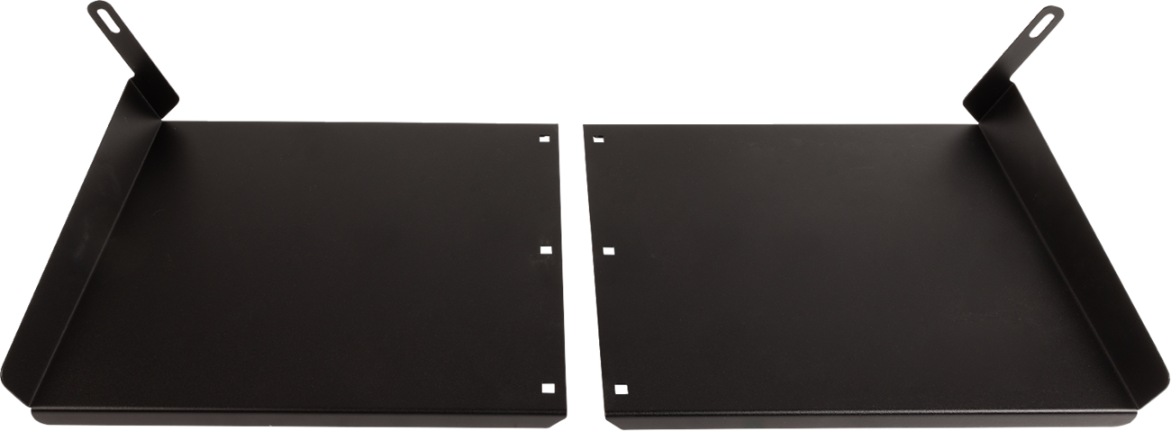 Two black metal brackets sit side by side on a white background. Each bracket has one side bent upwards with a hole for mounting, and a vertical lip on the outer edge. Both pieces have small square holes along their inner edges.