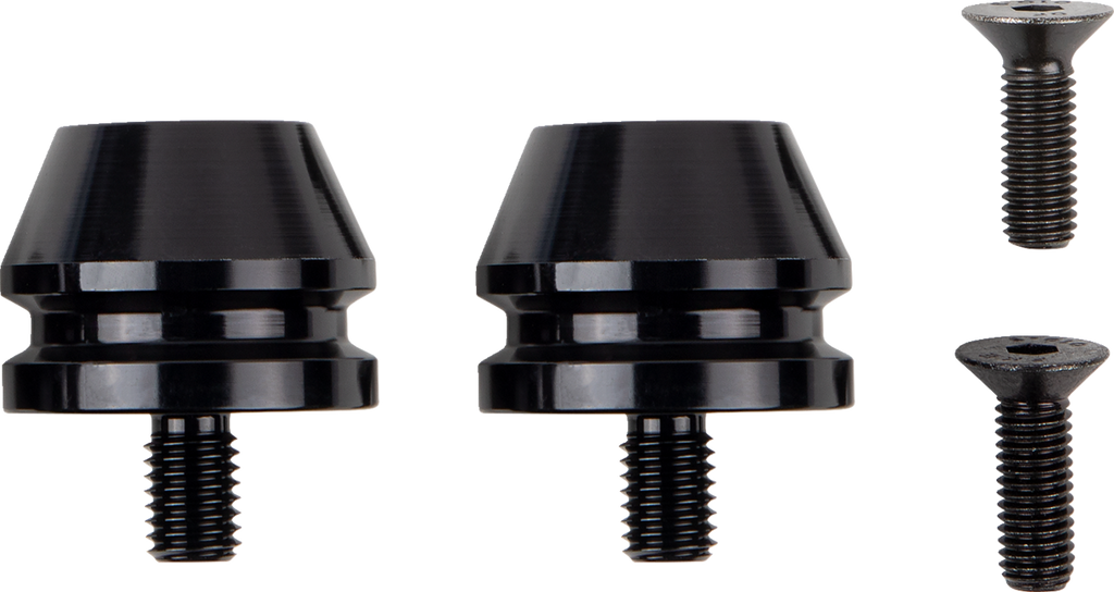 Two black, cylindrical metal components with threaded bolts are shown side by side. To the right, two black, flathead screws are placed vertically. The items are arranged against a plain, light background.