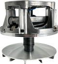 A close-up view of a metallic mechanical component, likely a centrifugal clutch or variator for a vehicle. It features a cylindrical structure with visible bolts, machined surfaces, and fins at the base, highlighting its engineered, industrial design.