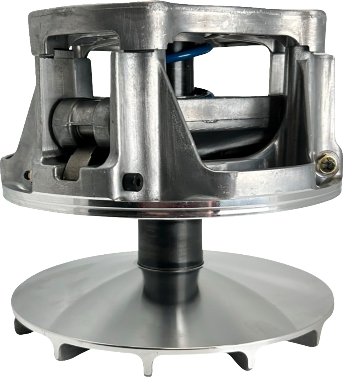A close-up view of a metallic mechanical component, likely a centrifugal clutch or variator for a vehicle. It features a cylindrical structure with visible bolts, machined surfaces, and fins at the base, highlighting its engineered, industrial design.