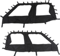 Two black fabric car door window covers are shown laid flat. Each cover has a large rectangular window cutout and several fabric straps along the edges for attachment. The covers have zippers running vertically, dividing each one into two sections.