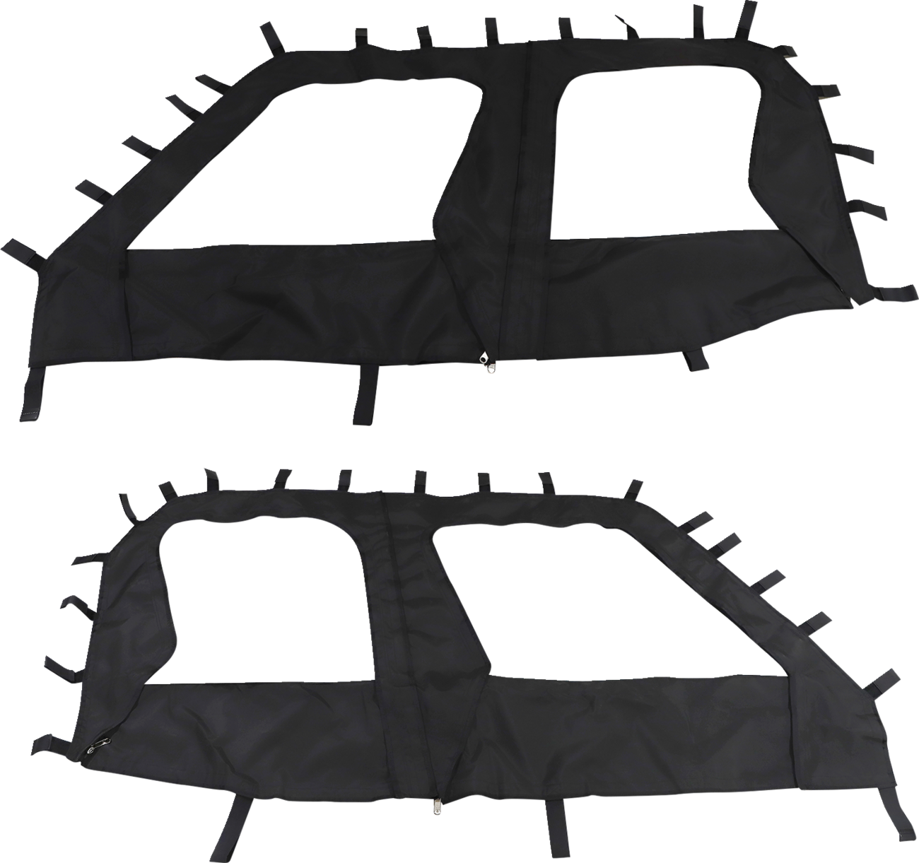 Two black fabric car door window covers are shown laid flat. Each cover has a large rectangular window cutout and several fabric straps along the edges for attachment. The covers have zippers running vertically, dividing each one into two sections.