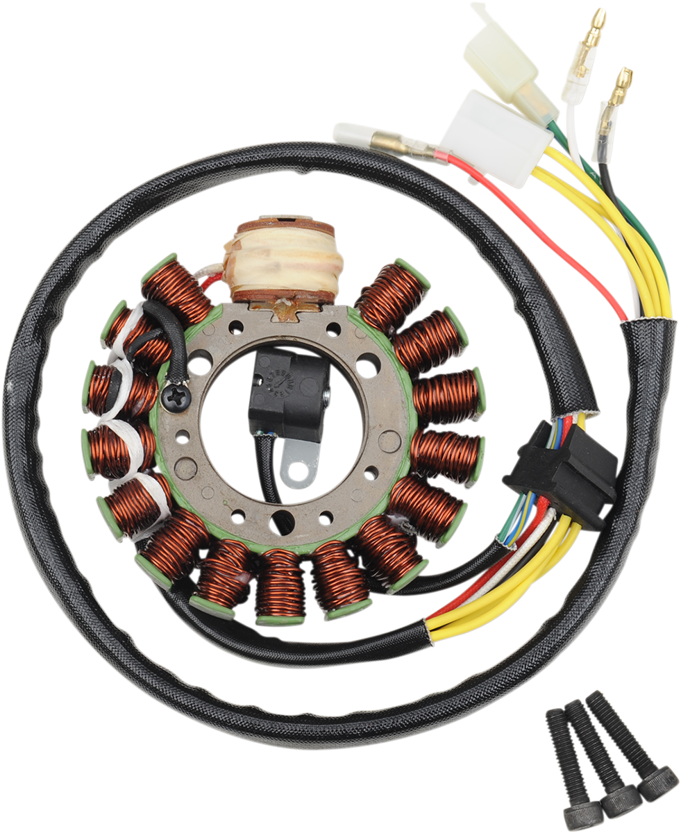 Circular motorcycle stator with copper wire coils, a central metal ring, and multiple colored wires (yellow, green, red, white) ending in connectors. Three black bolts are placed nearby on a white background. The wires are partly covered in black sheath.