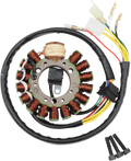 Circular motorcycle stator with copper wire coils, a central metal ring, and multiple colored wires (yellow, green, red, white) ending in connectors. Three black bolts are placed nearby on a white background. The wires are partly covered in black sheath.