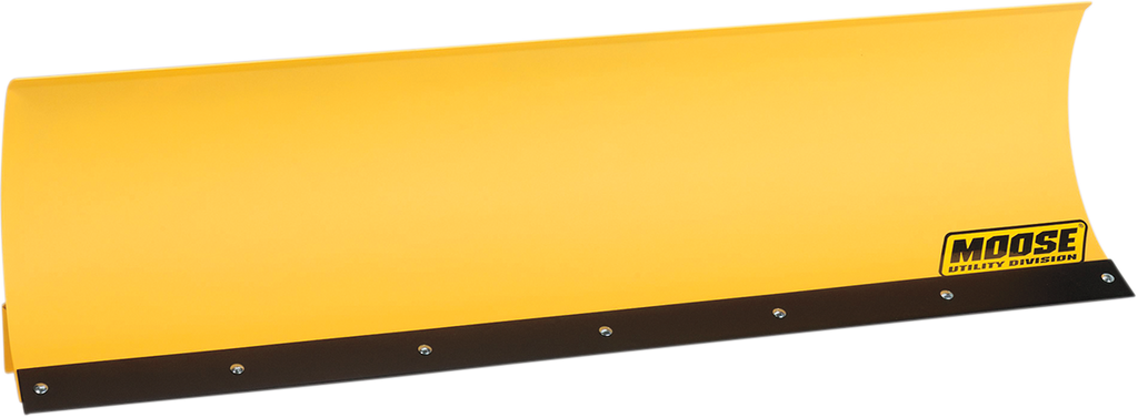 A yellow snow plow blade with a black rubber edge and silver bolts along the bottom. The blade has a Moose Utility Division logo in black and yellow on the lower right corner. The background is plain and light gray.