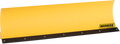 A yellow snow plow blade with a black rubber edge and silver bolts along the bottom. The blade has a Moose Utility Division logo in black and yellow on the lower right corner. The background is plain and light gray.