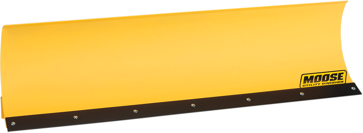 A yellow snow plow blade with a black rubber edge and silver bolts along the bottom. The blade has a Moose Utility Division logo in black and yellow on the lower right corner. The background is plain and light gray.