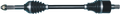 A metal car axle shaft with black rubber boots on both ends, featuring ribbed accordion-like coverings. The ends have metal splines for fitting into other mechanical parts. The background is light and plain.