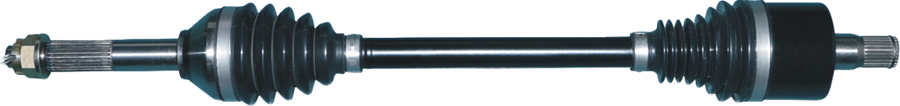 A metal car axle shaft with black rubber boots on both ends, featuring ribbed accordion-like coverings. The ends have metal splines for fitting into other mechanical parts. The background is light and plain.