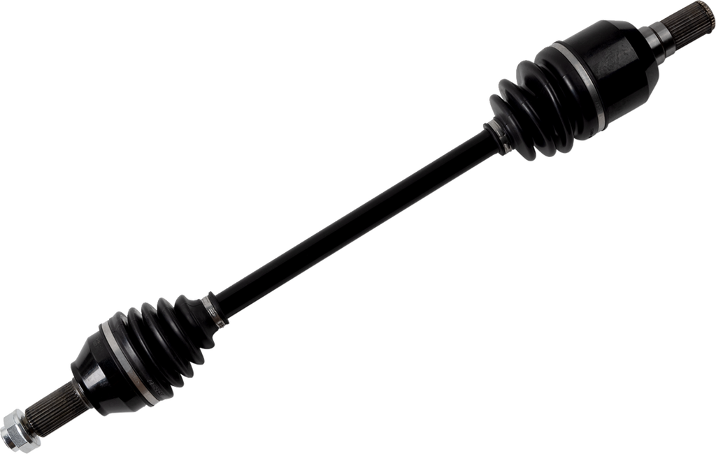 A black automotive CV axle shaft with rubber boots and metal joints on both ends, displayed diagonally on a white background. The component features accordion-style boots for flexibility, splined ends for connection, and a solid central shaft.