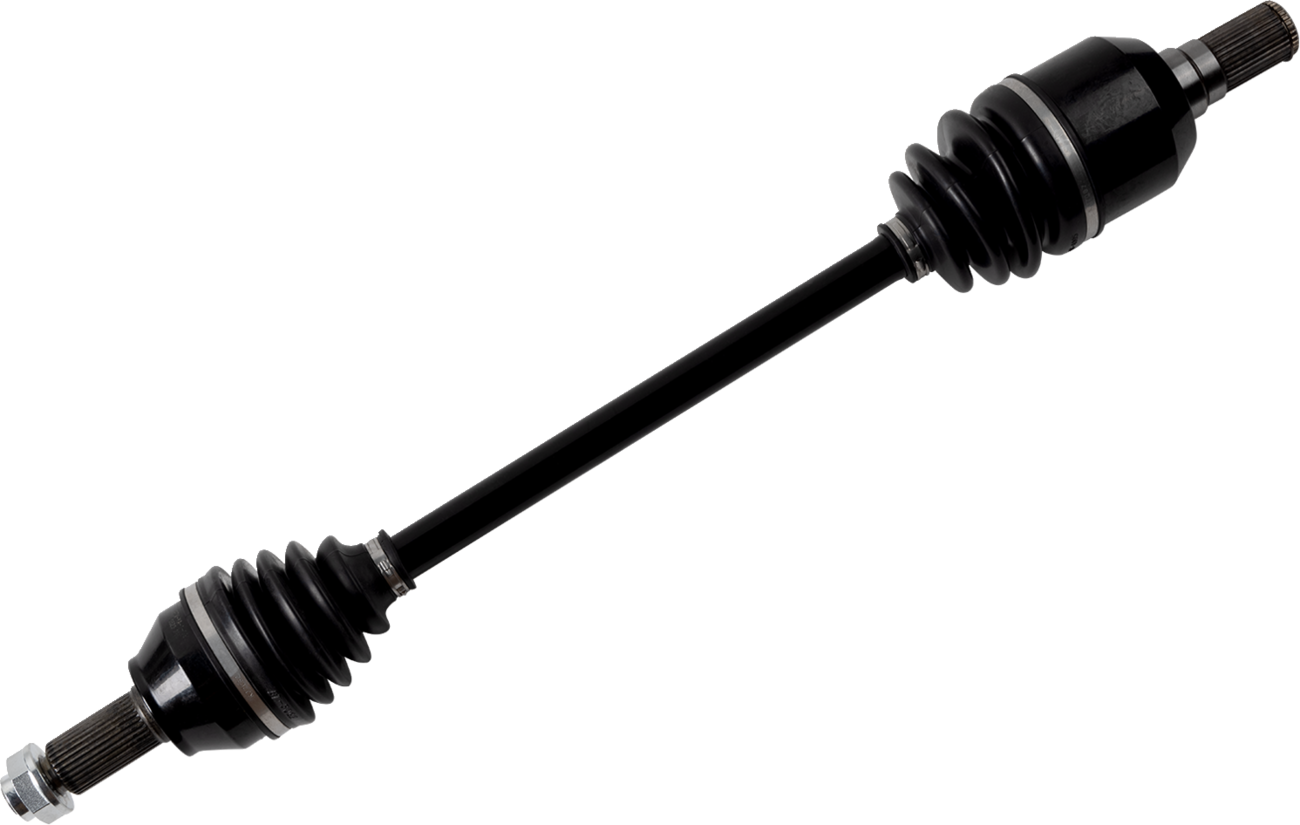 A black automotive CV axle shaft with rubber boots and metal joints on both ends, displayed diagonally on a white background. The component features accordion-style boots for flexibility, splined ends for connection, and a solid central shaft.