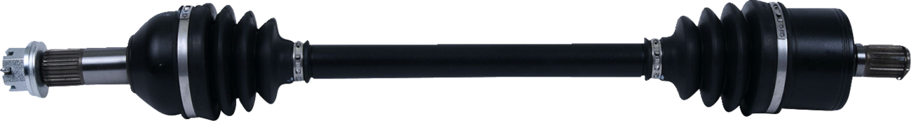A car axle shaft with black rubber CV joint boots on both ends, silver metal rings securing the boots, toothed metal ends for fitting, and a solid black central shaft connecting the two joints, all isolated on a white background.