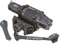 A 5000 Wide Assault Series Winch by KFI, featuring a black finish with a blue synthetic rope on its drum, is shown attached to a mounting plate. Also pictured are a remote control with a blue button and connector, plus “KFI Winch” branding.