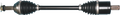 A car drive shaft with black rubber boots covering joints on both ends, metal clamps securing the boots, and splined metal ends for connecting to vehicle components; the shaft is black and cylindrical, positioned horizontally on a white background.