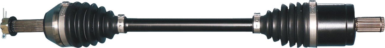 A car drive shaft with black rubber boots covering joints on both ends, metal clamps securing the boots, and splined metal ends for connecting to vehicle components; the shaft is black and cylindrical, positioned horizontally on a white background.
