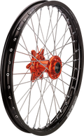 A close-up image of a spoked motorcycle wheel with a black rim, silver spokes, an orange anodized aluminum hub, and visible bolt holes along the rim. The wheel is shown isolated on a white background.