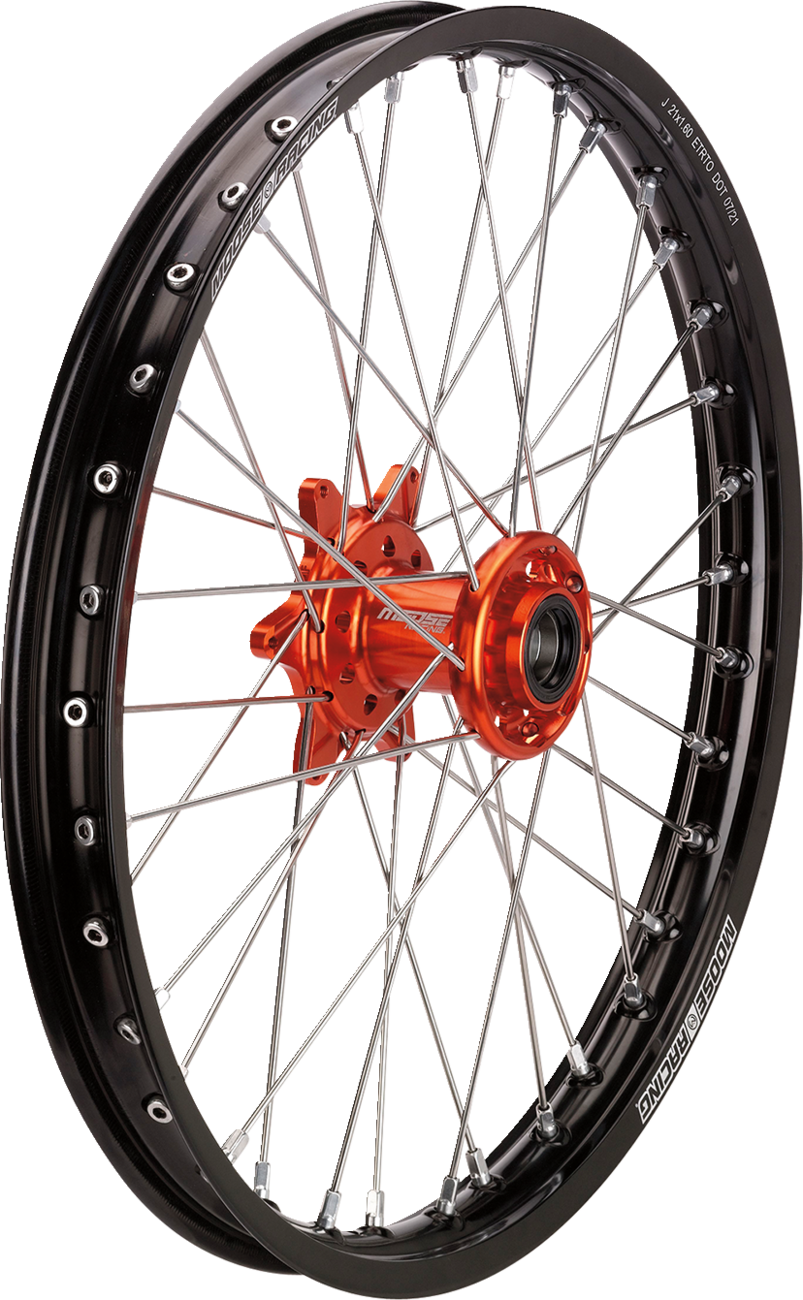A close-up image of a spoked motorcycle wheel with a black rim, silver spokes, an orange anodized aluminum hub, and visible bolt holes along the rim. The wheel is shown isolated on a white background.