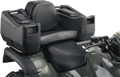 A rear view of an ATV seat with a large, padded backrest and armrests, side storage compartments, and camouflage green bodywork. The handlebars and part of the front fender are visible in the lower right corner.