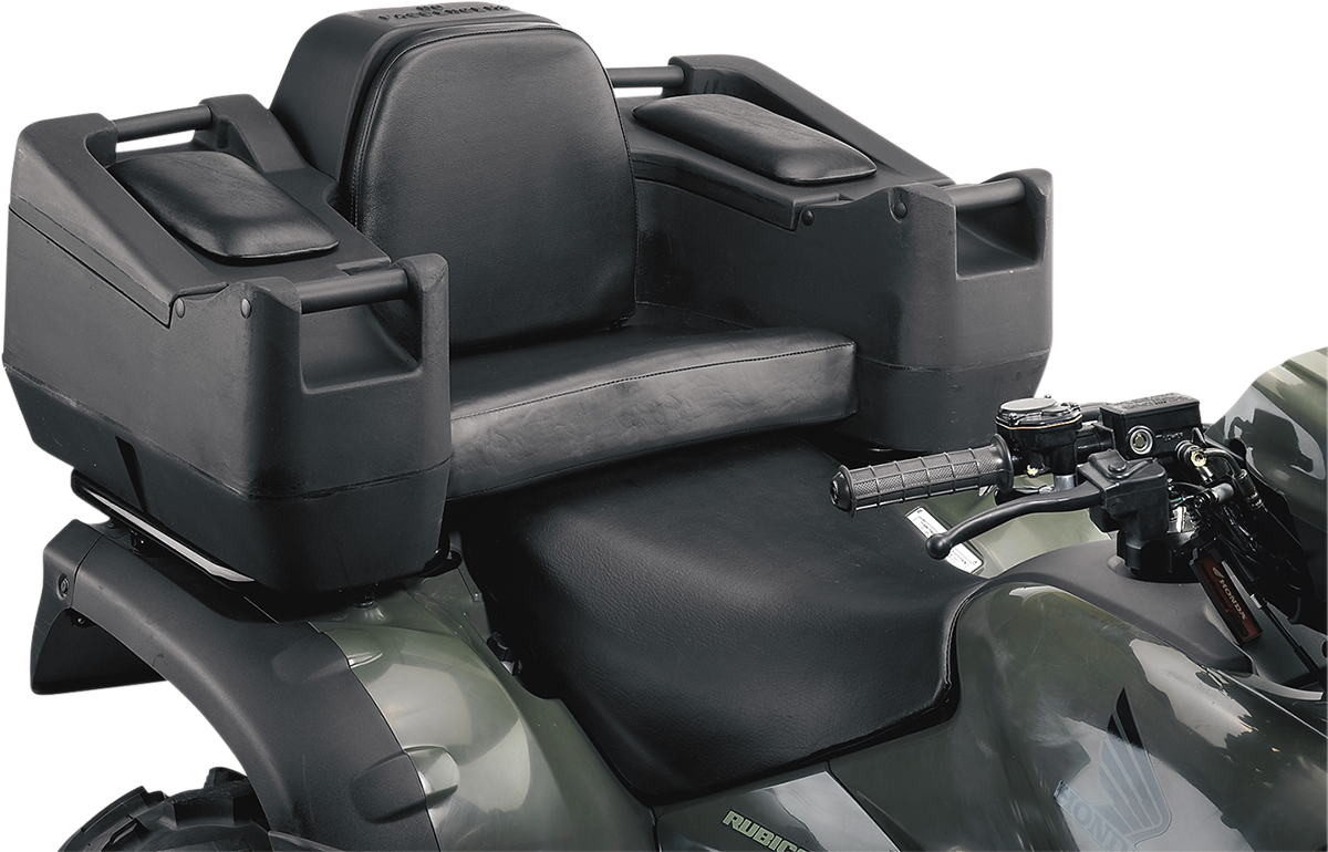 A rear view of an ATV seat with a large, padded backrest and armrests, side storage compartments, and camouflage green bodywork. The handlebars and part of the front fender are visible in the lower right corner.