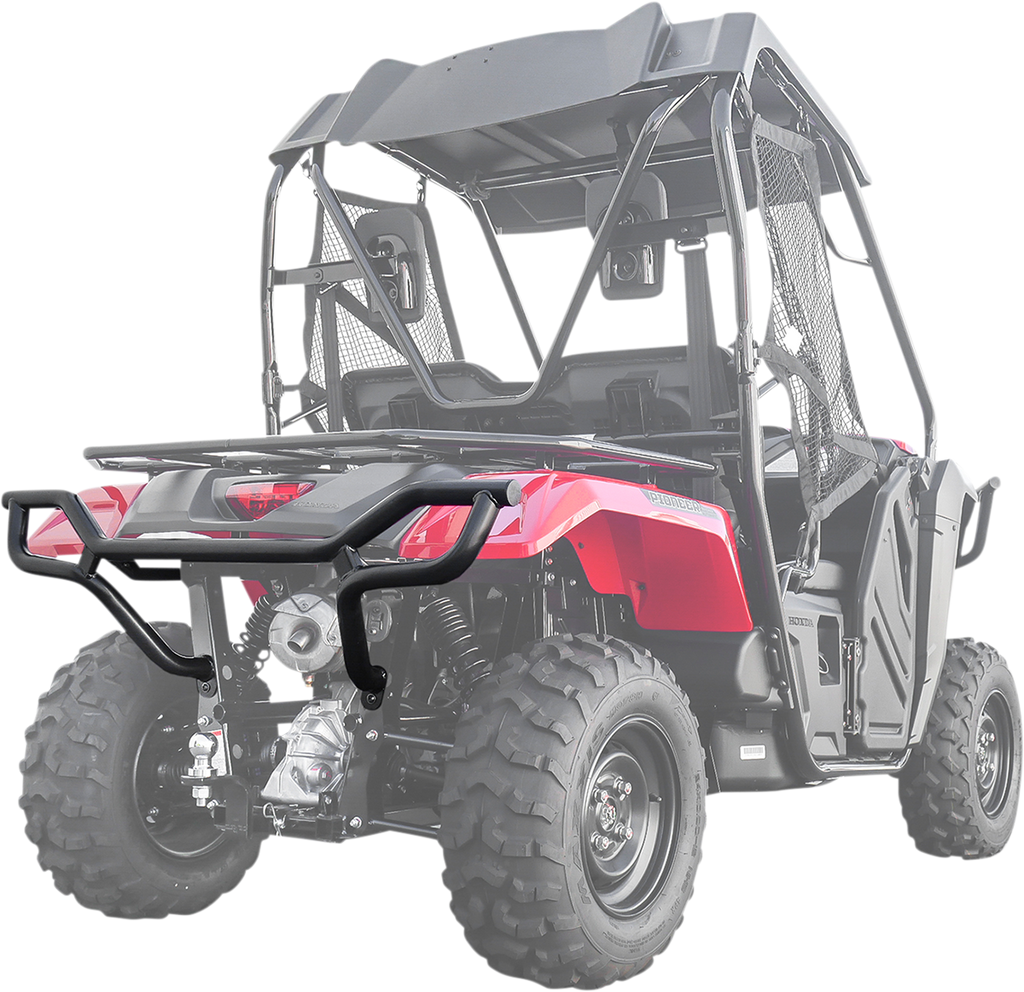 A red utility ATV with large off-road tires, a sturdy black roll cage, metal mesh side nets, and a protective rear bumper is shown at an angle, highlighting the rear and side of the vehicle against a white background.