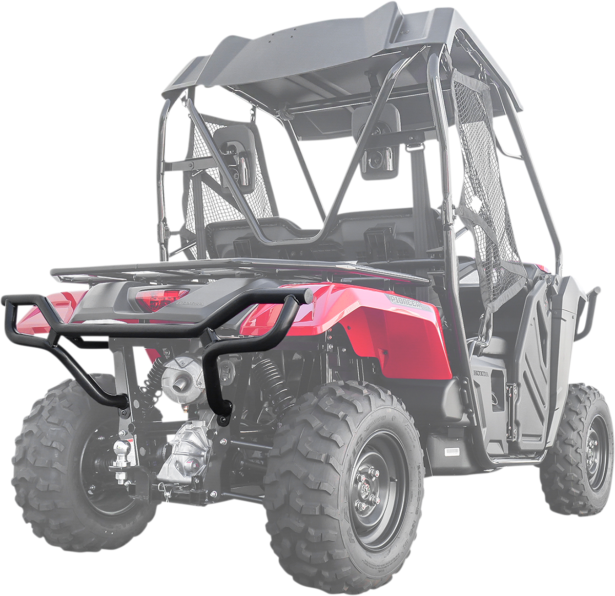 A red utility ATV with large off-road tires, a sturdy black roll cage, metal mesh side nets, and a protective rear bumper is shown at an angle, highlighting the rear and side of the vehicle against a white background.