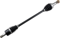 A black automotive CV axle with silver metal joints and ribbed rubber boots at both ends, displayed on a plain white background. The axle is diagonally positioned, showing its sturdy shaft and detailed joint components clearly.