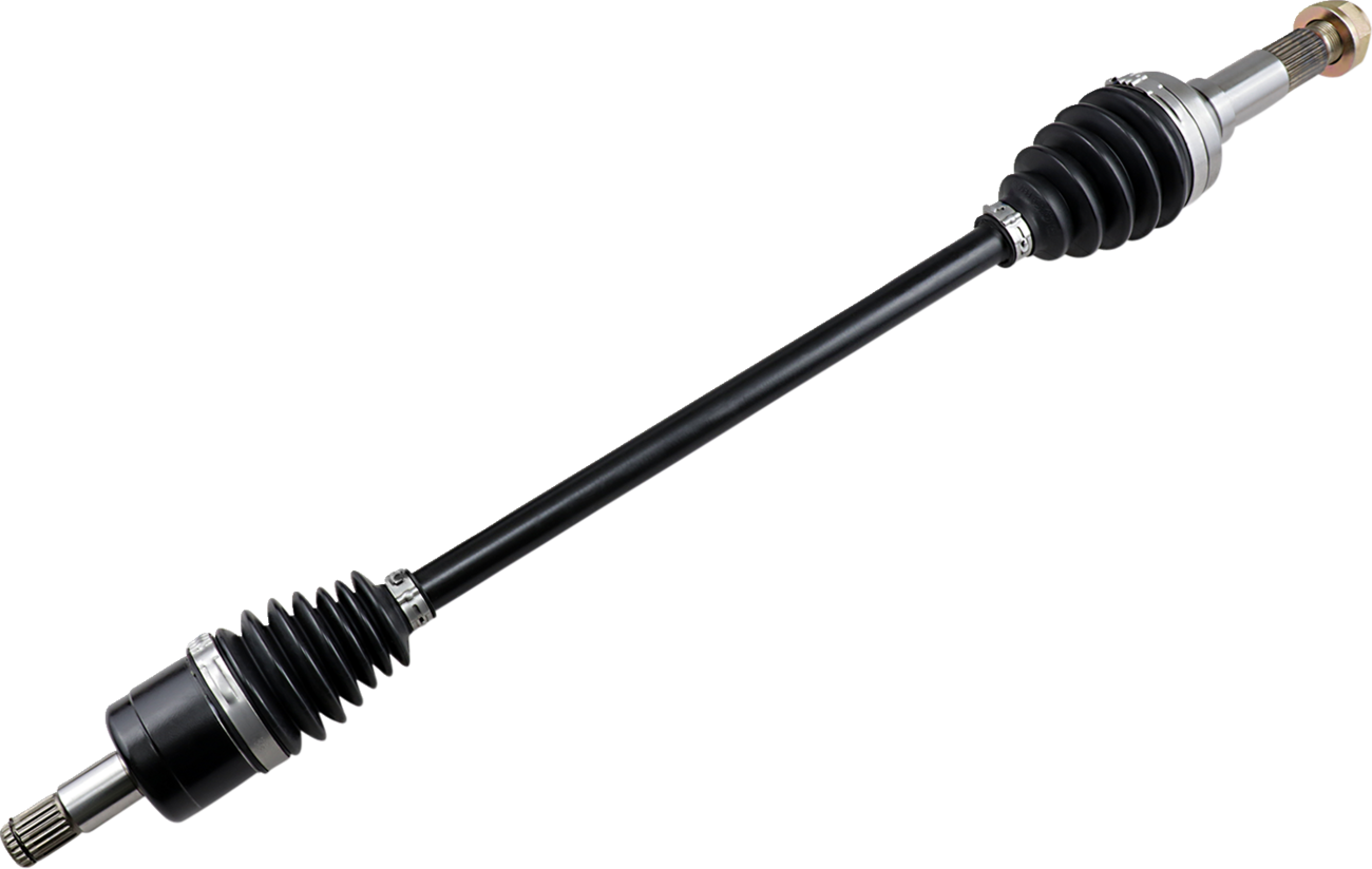 A black automotive CV axle with silver metal joints and ribbed rubber boots at both ends, displayed on a plain white background. The axle is diagonally positioned, showing its sturdy shaft and detailed joint components clearly.