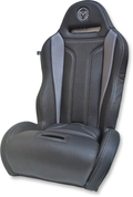 A black racing-style car seat with gray side panels, white contrast stitching, and a logo at the top. The seat has a high back, side bolsters for added support, and slots for a racing harness near the headrest and the seat base.