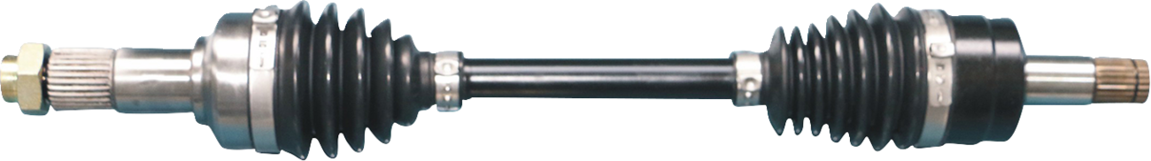 A close-up image of a car’s CV axle shaft, showing the metal rod with two rubber accordion-like boots on each end, protective metal casings, and splined ends for connecting to a vehicle’s drivetrain and wheels. The background is plain white.