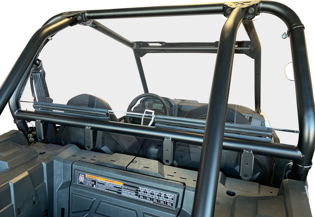 A close-up view of a black off-road vehicle’s roll cage and rear interior, showing two front seats, headrests, and the dashboard. The image focuses on the sturdy metal bars and mounting hardware, with a clear white background.